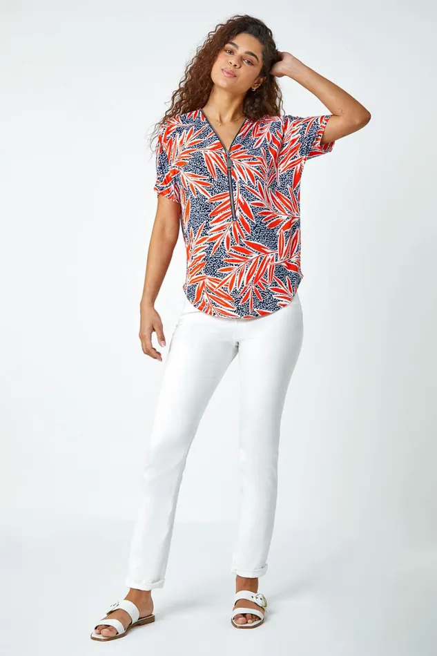 Women Orange Textured Leaf Zip Detail VNeck Stretch Top Roman Tops