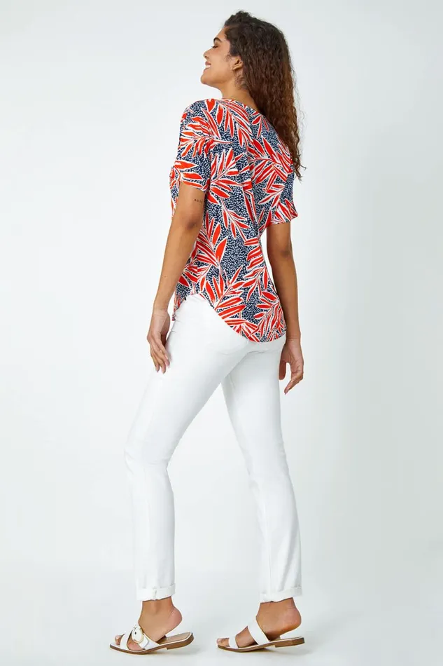 Women Orange Textured Leaf Zip Detail VNeck Stretch Top Roman Tops