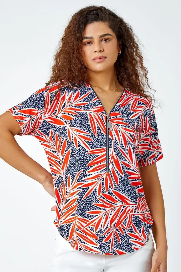 Women Orange Textured Leaf Zip Detail VNeck Stretch Top Roman Tops