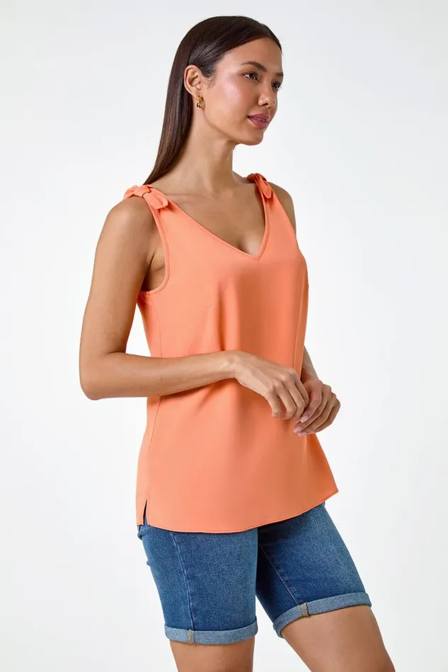 Women Orange Tie Detail Strap VNeck Cami Top Roman Tops