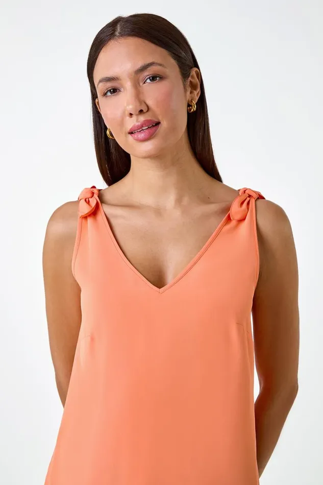 Women Orange Tie Detail Strap VNeck Cami Top Roman Tops