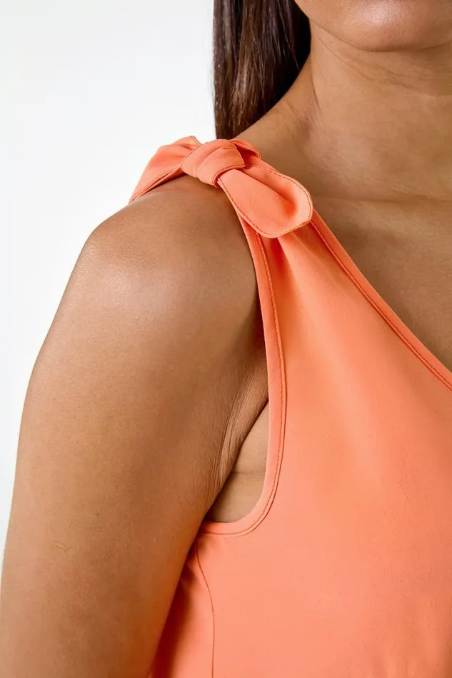 Women Orange Tie Detail Strap VNeck Cami Top Roman Tops