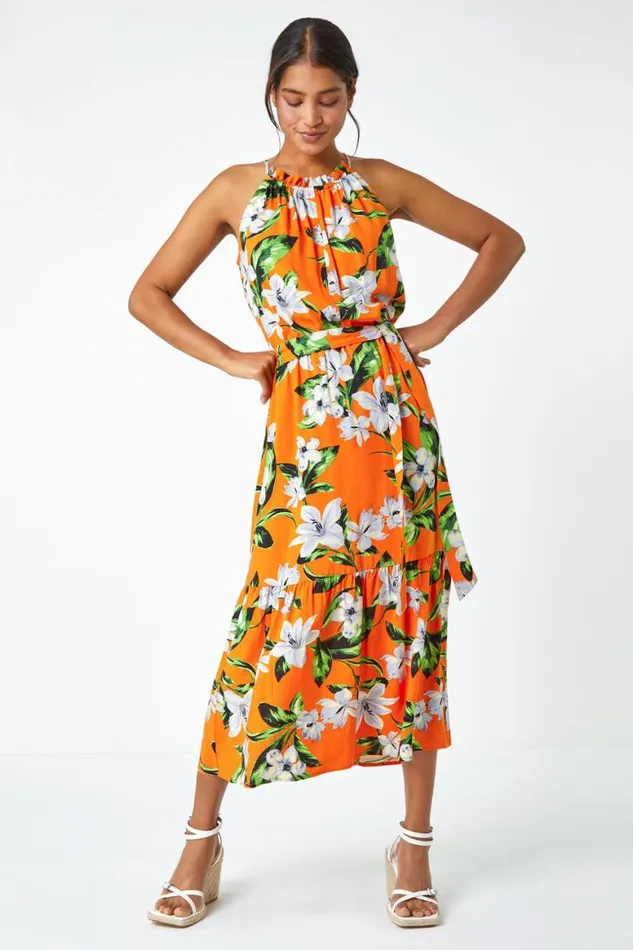 Women Orange Tropical Floral Halterneck Tiered Dress Roman Dresses