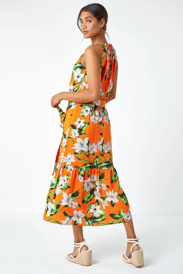 Women Orange Tropical Floral Halterneck Tiered Dress Roman Dresses