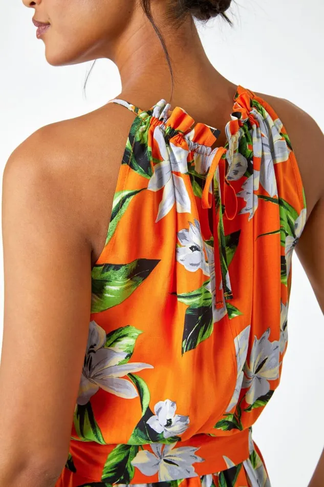 Women Orange Tropical Floral Halterneck Tiered Dress Roman Dresses