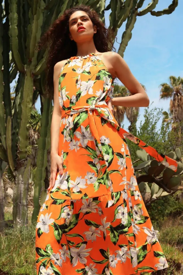 Women Orange Tropical Floral Halterneck Tiered Dress Roman Dresses