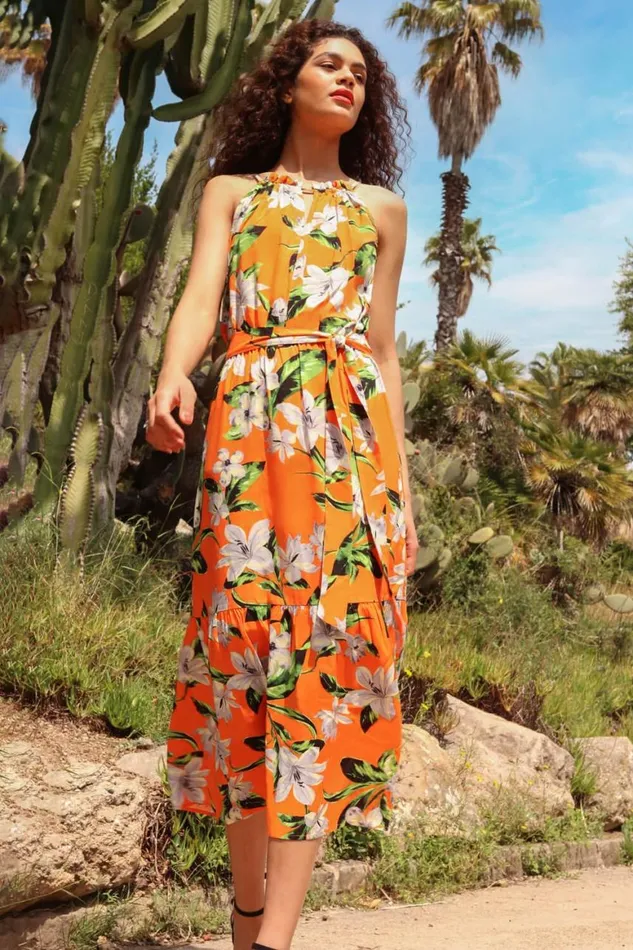 Women Orange Tropical Floral Halterneck Tiered Dress Roman Dresses