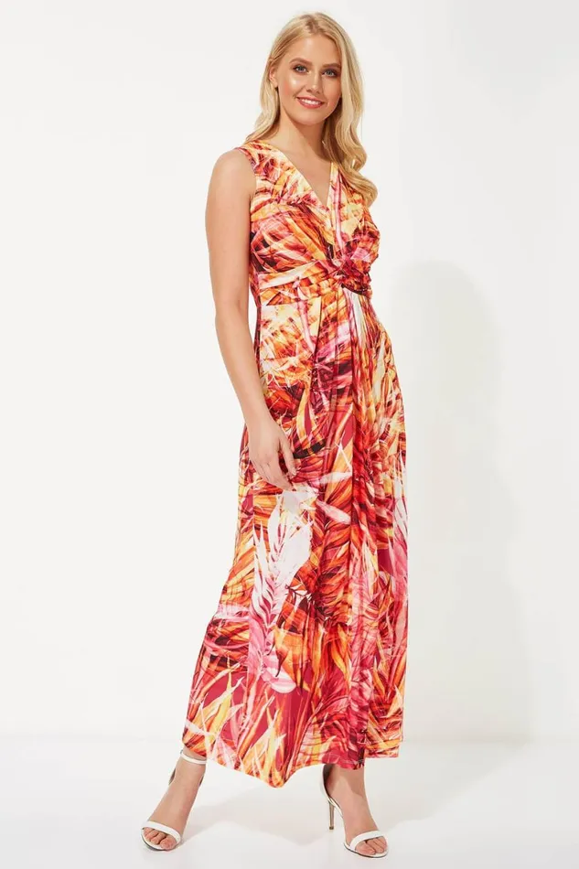 Women Orange Tropical Print Twist Front Maxi Dress Roman Dresses