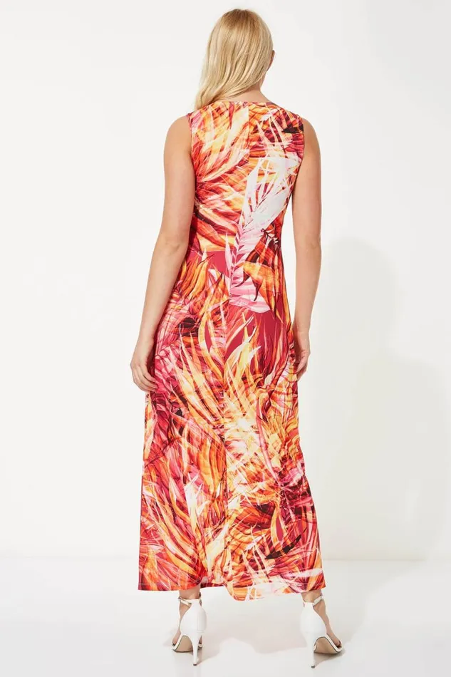 Women Orange Tropical Print Twist Front Maxi Dress Roman Dresses