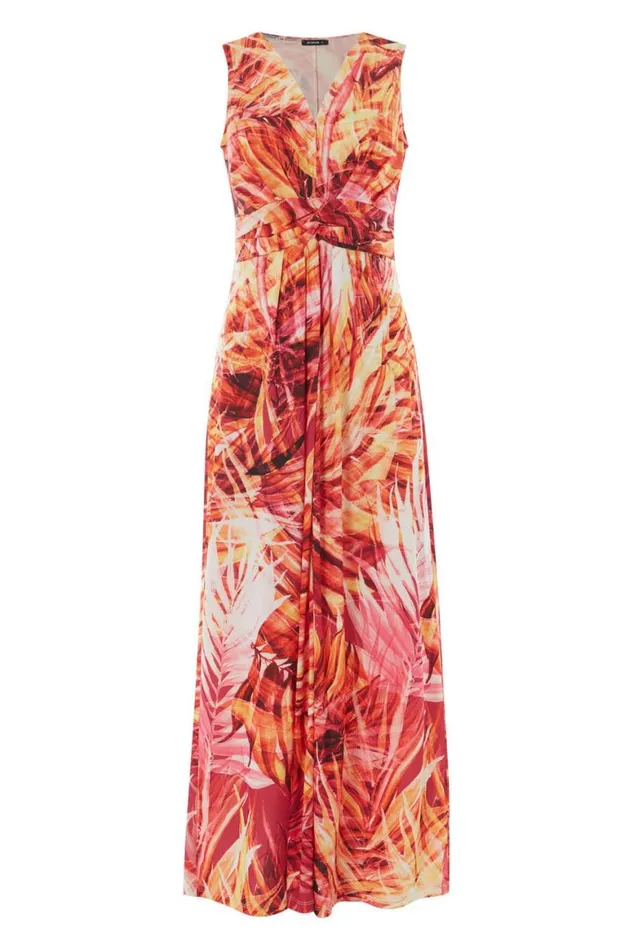 Women Orange Tropical Print Twist Front Maxi Dress Roman Dresses
