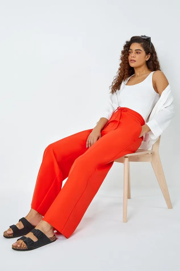 Women Orange Wide Leg Elastic Waist Tie Front Trouser Roman Occasionwear