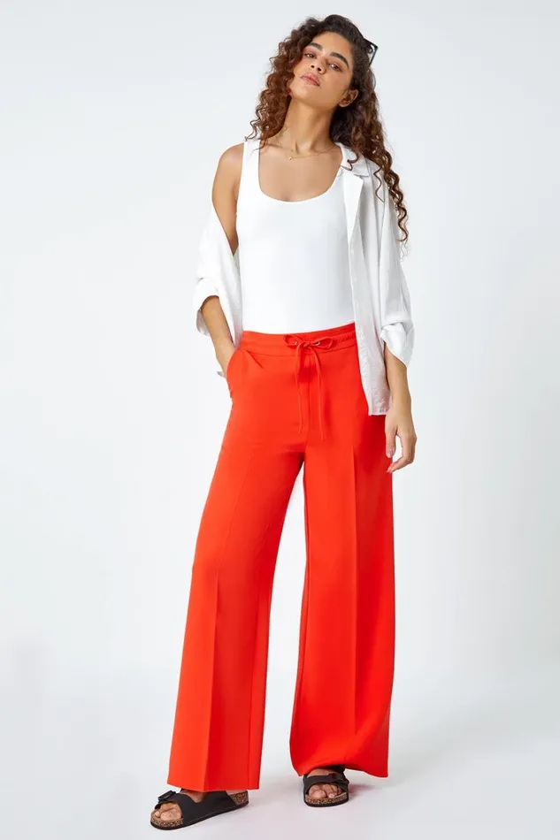 Women Orange Wide Leg Elastic Waist Tie Front Trouser Roman Occasionwear