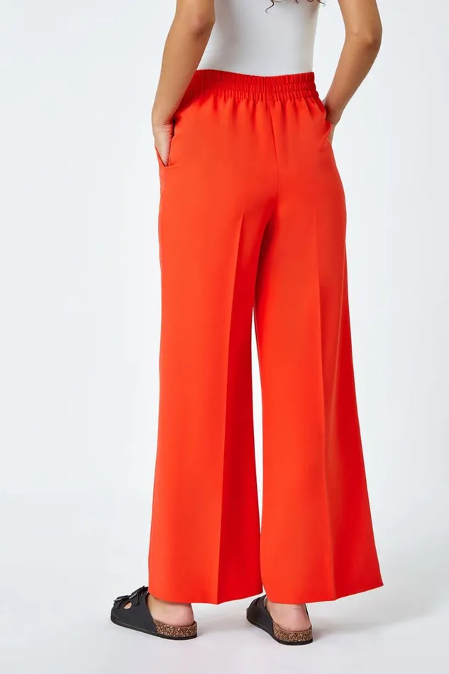 Women Orange Wide Leg Elastic Waist Tie Front Trouser Roman Occasionwear