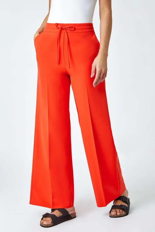Women Orange Wide Leg Elastic Waist Tie Front Trouser Roman Occasionwear
