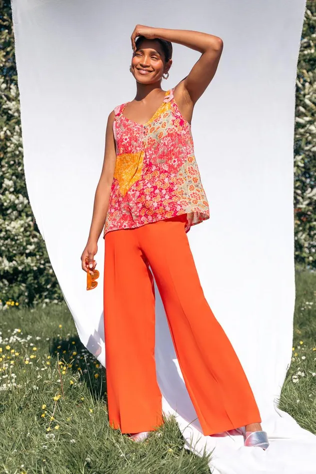 Women Orange Wide Leg Elastic Waist Tie Front Trouser Roman Occasionwear