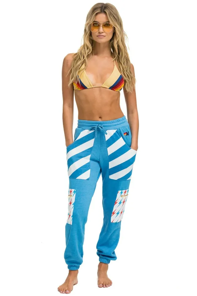 Women PALM BOLT STRIPE CARGO COLOR BLOCK SWEATPANTS 8211 OCEAN NEON YELLOW Aviator Nation Sweatpants