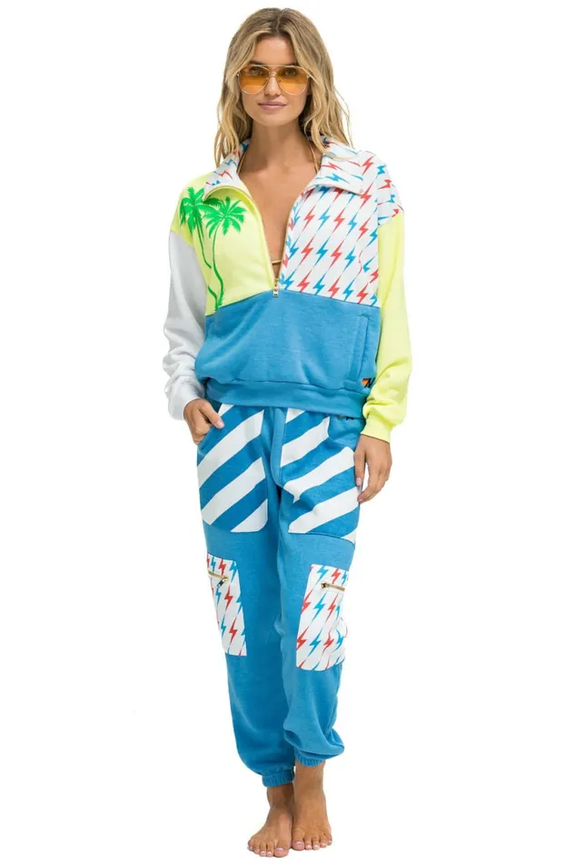 Women PALM BOLT STRIPE CARGO COLOR BLOCK SWEATPANTS 8211 OCEAN NEON YELLOW Aviator Nation Sweatpants Women PALM BOLT STRIPE CARGO COLOR BLOCK SWEATPANTS 8211 OCEAN NEON YELLOW Aviator Nation Sweatpants