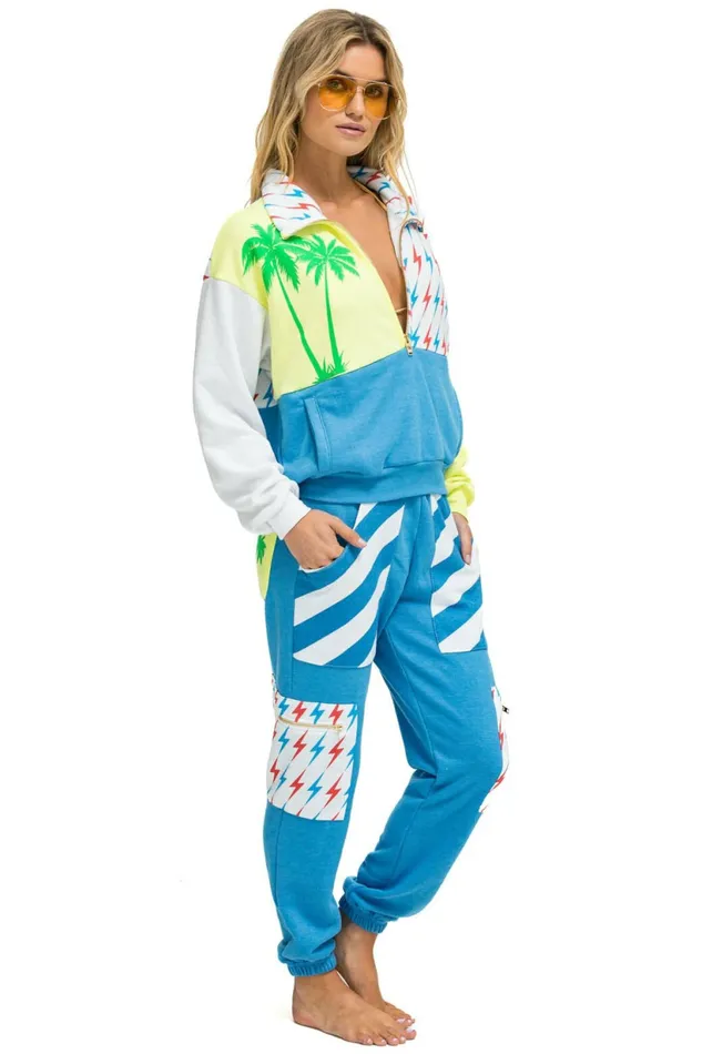 Women PALM BOLT STRIPE CARGO COLOR BLOCK SWEATPANTS 8211 OCEAN NEON YELLOW Aviator Nation Sweatpants Women PALM BOLT STRIPE CARGO COLOR BLOCK SWEATPANTS 8211 OCEAN NEON YELLOW Aviator Nation Sweatpants