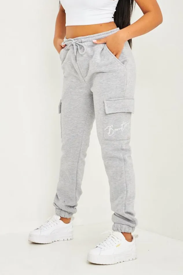Women Pantalon De Jogging Gris Clair Poches Cargo Inscription Brentiny Grey Brentiny Paris Jogging Bottoms
