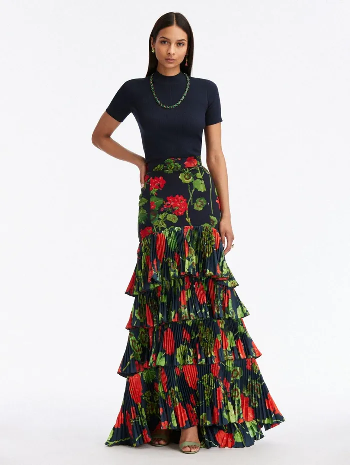 Women Pants and Skirts Oscar De La Renta Geranium Tiered Maxi Skirt Rednavy