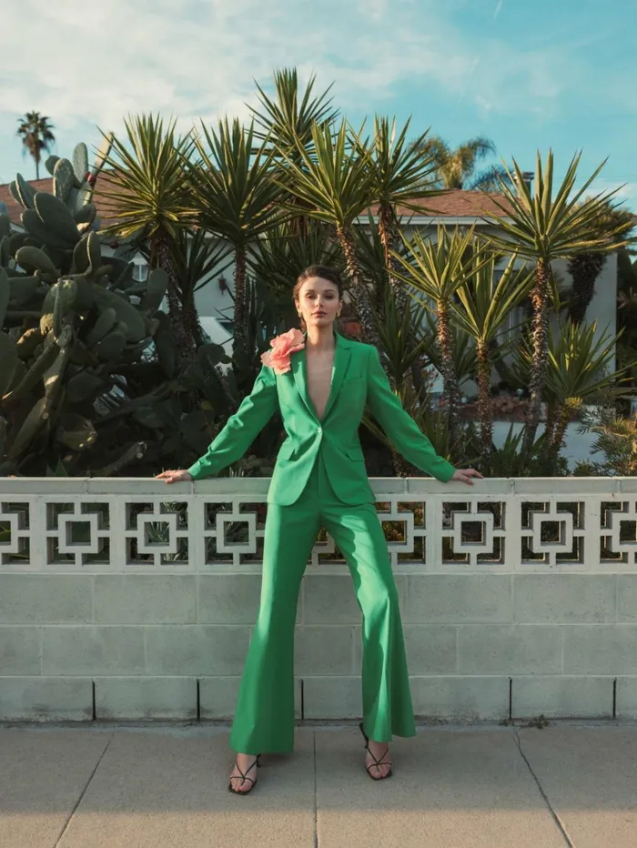 Women Pants Mac Duggal Spring Green Classic Crepe Flared Leg Trouser Pant 8211 FINAL SALE Spring Green