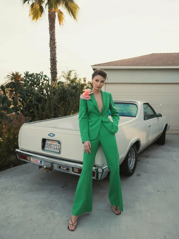 Women Pants Mac Duggal Spring Green Classic Crepe Flared Leg Trouser Pant 8211 FINAL SALE Spring Green