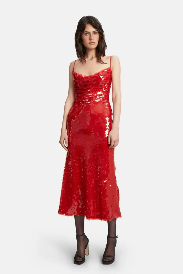 Women Party Dresses Bardot Karina Sequin Maxi Dress In Fire Red Fire Red