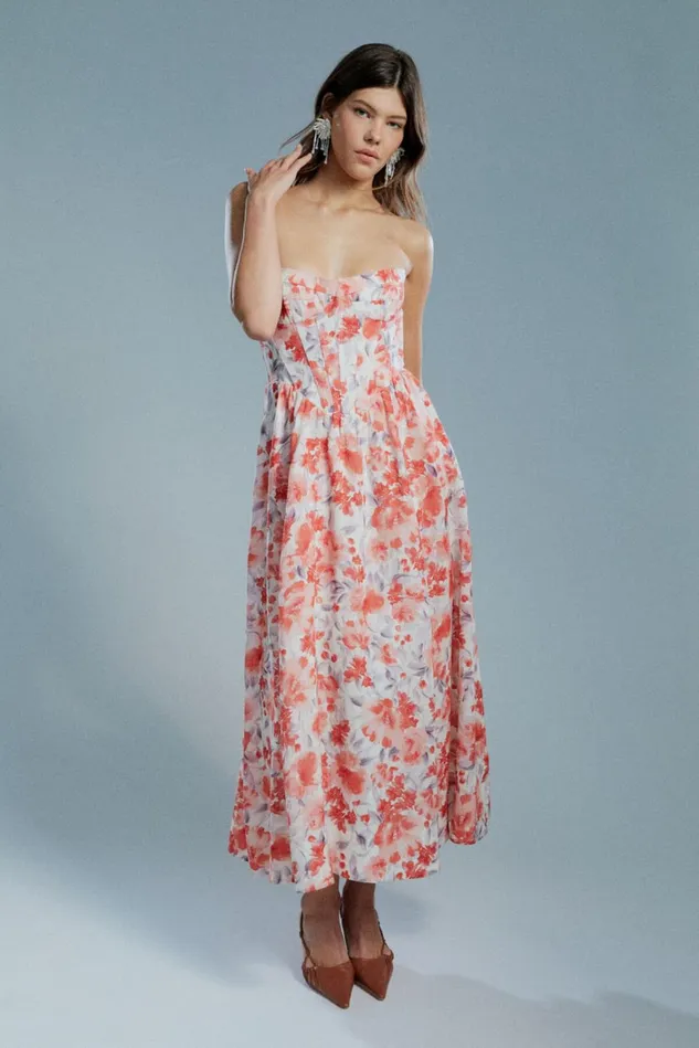 Women Party Dresses Bardot Lola Corset Midi Dress In Red Floral Red Floral Women Party Dresses Bardot Lola Corset Midi Dress In Red Floral Red Floral