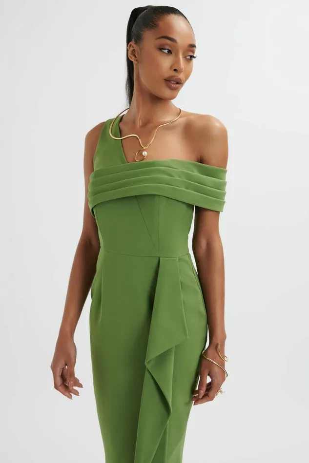Women Pencil Dresses Lavish Alice HANNAH Pleated Asymmetric Off Shoulder Midi Dress In Green Green