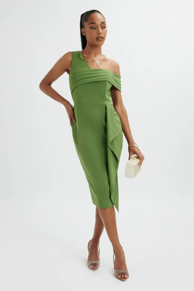 Women Pencil Dresses Lavish Alice HANNAH Pleated Asymmetric Off Shoulder Midi Dress In Green Green