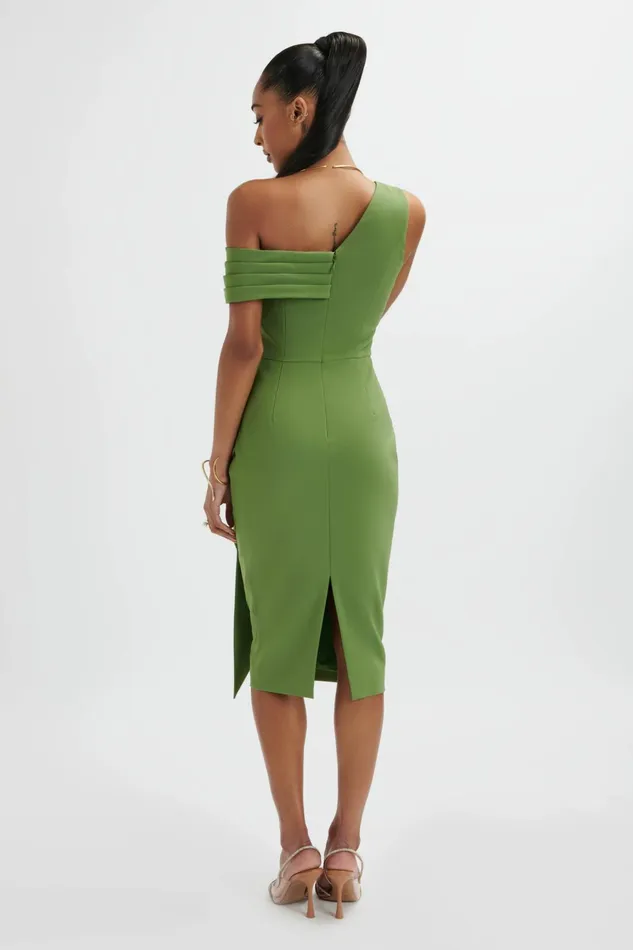 Women Pencil Dresses Lavish Alice HANNAH Pleated Asymmetric Off Shoulder Midi Dress In Green Green