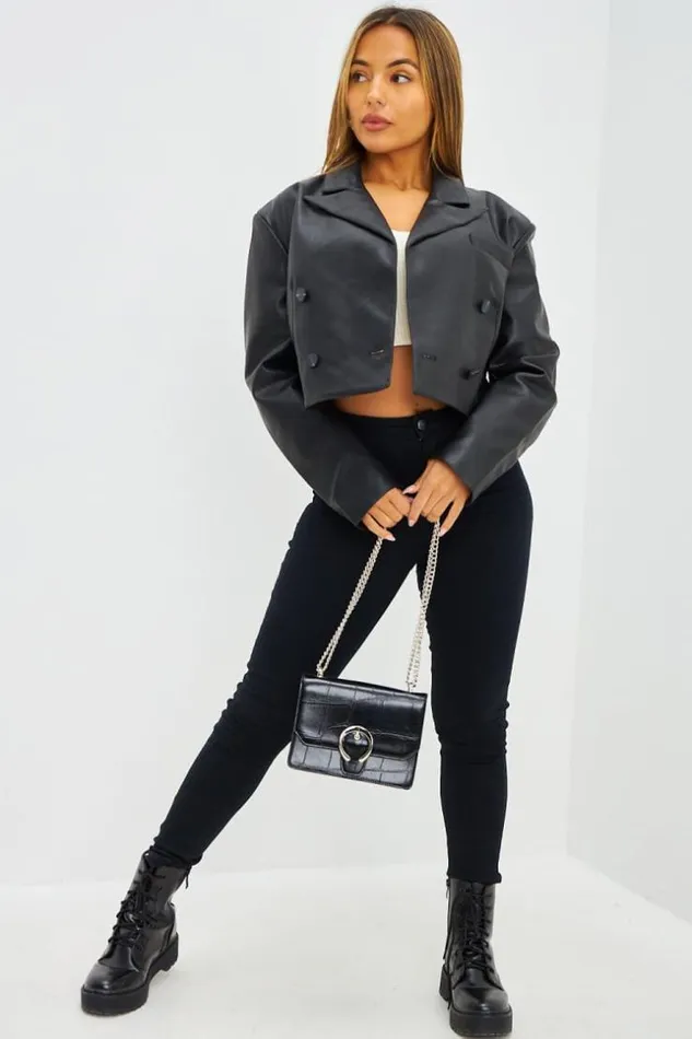 Women Perfecto Court En Simili Cuir Noir Black Brentiny Paris Jackets