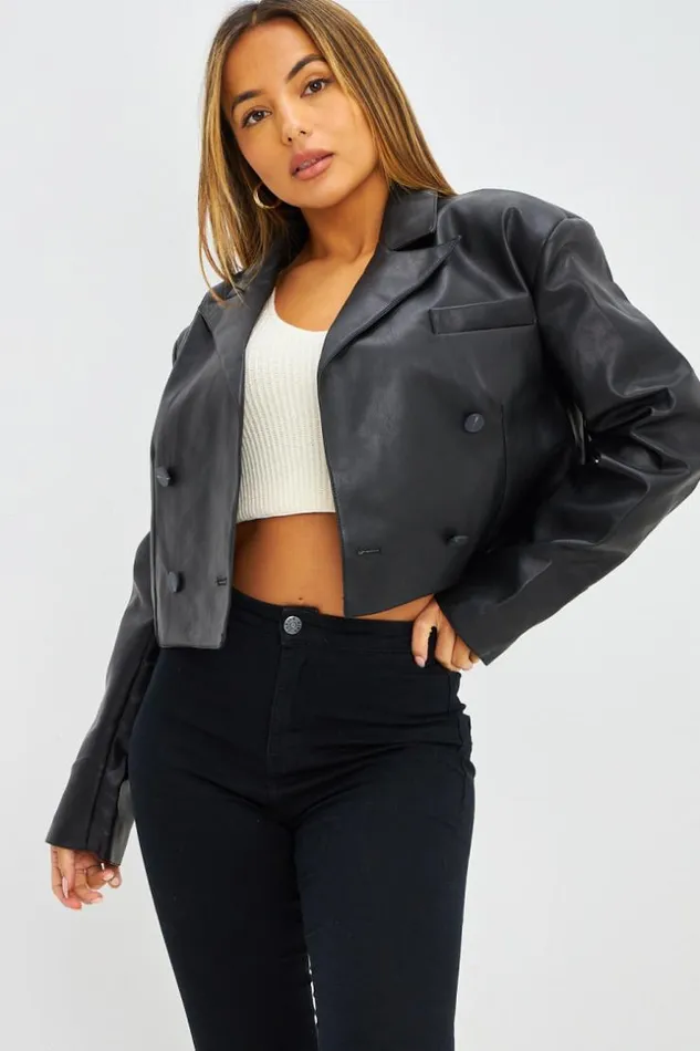Women Perfecto Court En Simili Cuir Noir Black Brentiny Paris Jackets
