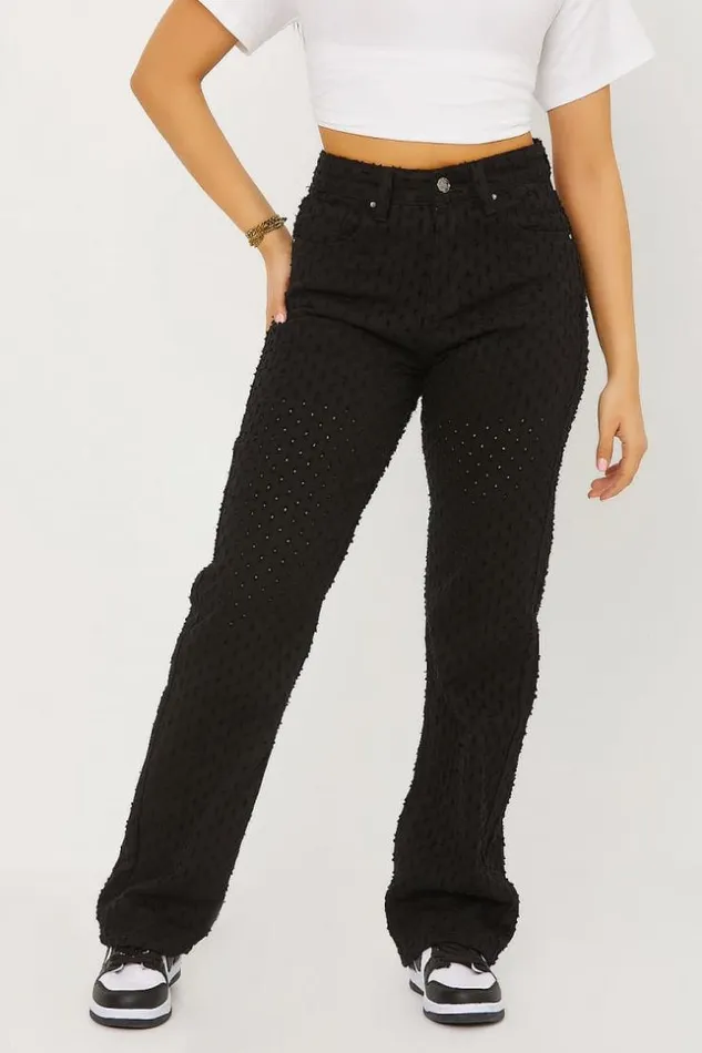 Women Perforated Distressed Wide Leg Jean In Black Black Brentiny Paris Jeans