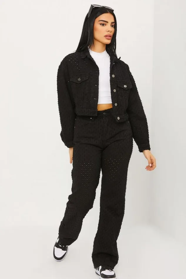 Women Perforated Distressed Wide Leg Jean In Black Black Brentiny Paris Jeans