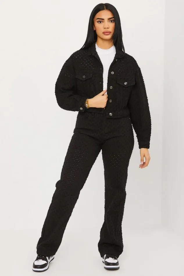 Women Perforated Distressed Wide Leg Jean In Black Black Brentiny Paris Jeans