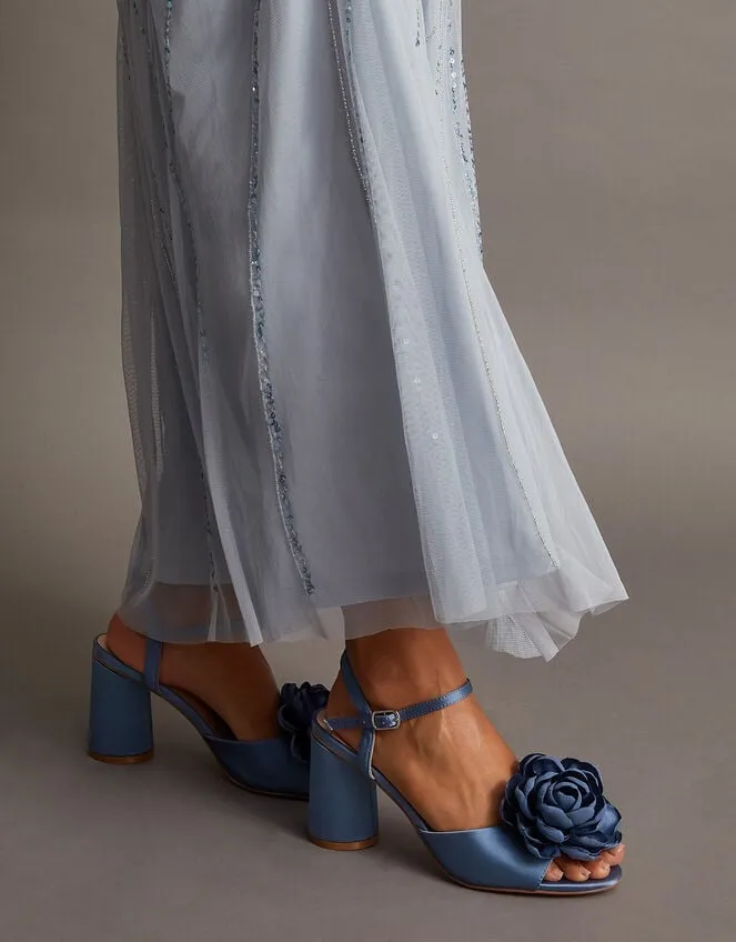 Women Petal Corsage Satin Heel Sandals Blue Monsoon Sandals