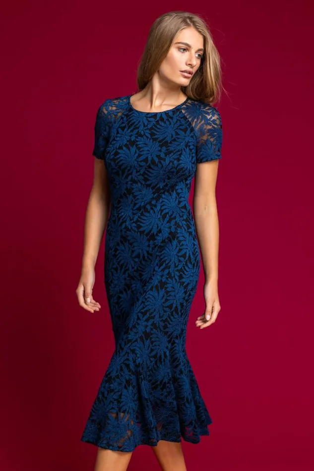 Women Petrol Blue Palm Print Lace Fitted Dress Roman Dresses