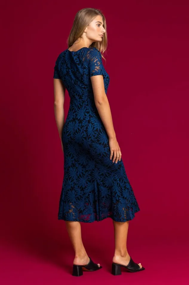 Women Petrol Blue Palm Print Lace Fitted Dress Roman Dresses