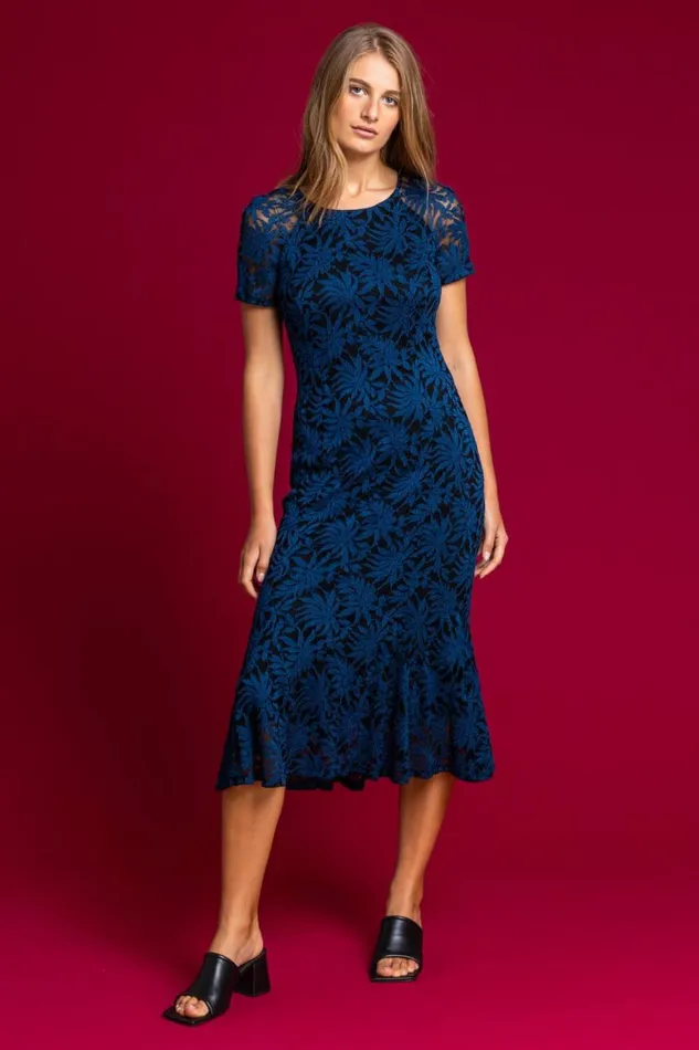 Women Petrol Blue Palm Print Lace Fitted Dress Roman Dresses