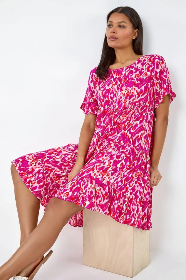 Women Pink Abstract Print Tiered Smock Dress Roman Dresses