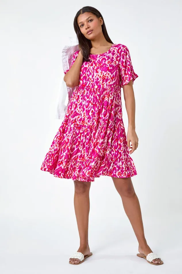 Women Pink Abstract Print Tiered Smock Dress Roman Dresses