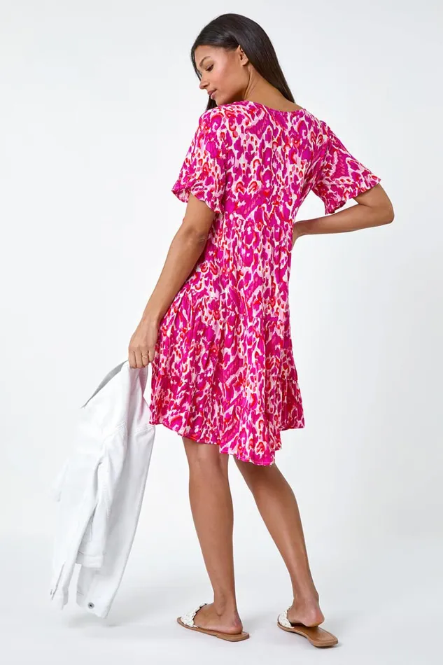 Women Pink Abstract Print Tiered Smock Dress Roman Dresses