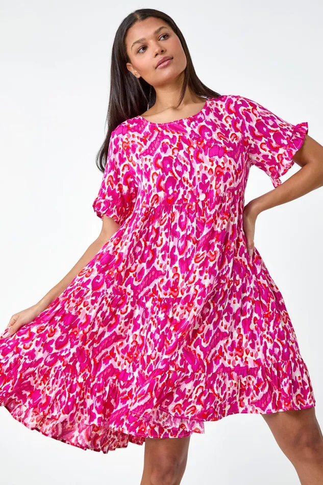 Women Pink Abstract Print Tiered Smock Dress Roman Dresses