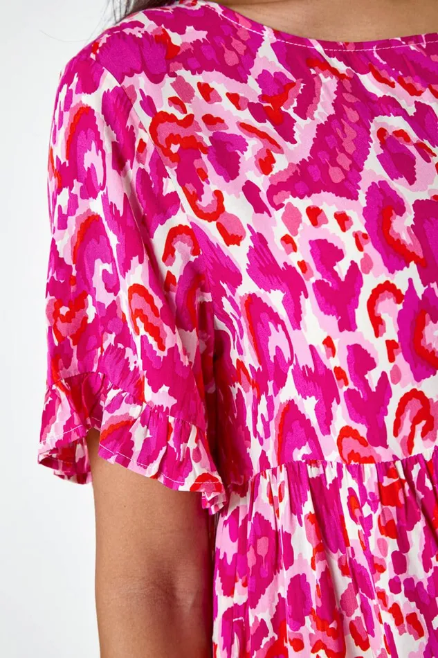 Women Pink Abstract Print Tiered Smock Dress Roman Dresses