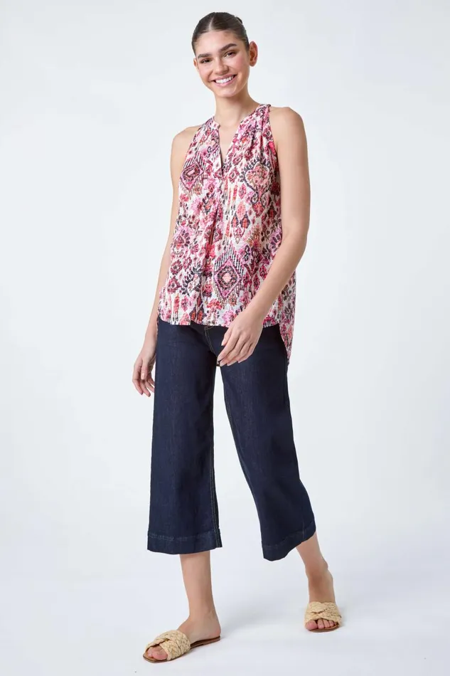 Women Pink Aztec Burnout Print Vest Top Roman Tops
