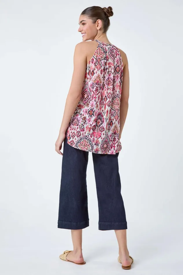 Women Pink Aztec Burnout Print Vest Top Roman Tops