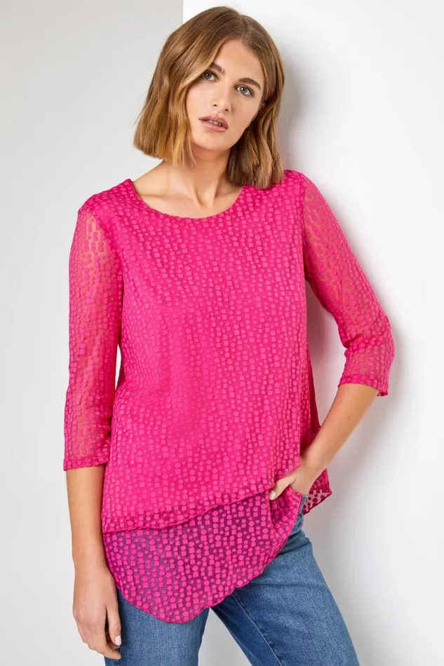 Women Pink Burnout Print Asymmetric Stretch Top Roman Tops