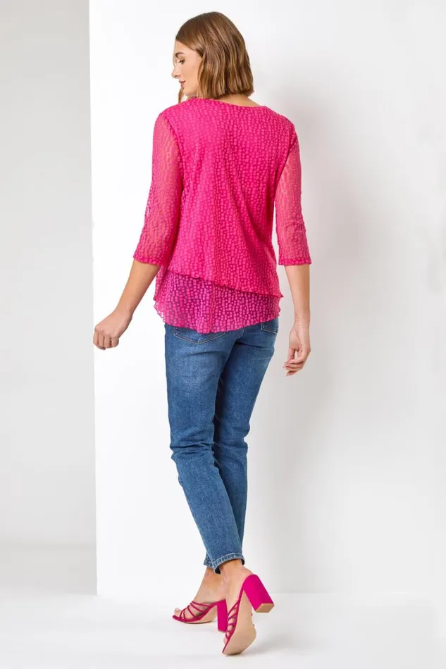 Women Pink Burnout Print Asymmetric Stretch Top Roman Tops
