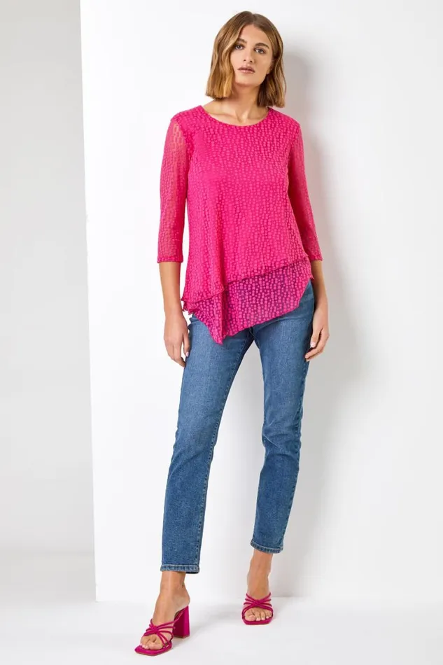 Women Pink Burnout Print Asymmetric Stretch Top Roman Tops